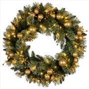 Buy 76cm Christmas Wreath Glittery Tipped with LED Lights and Golden Baubles
