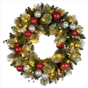 Buy 61cm Christmas Wreath with LED Lights Baubles Berries Red Silver