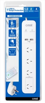 Buy Crest USB Power Board Surge 4 Sockets / 2 Ports - 1.2M