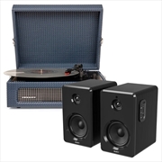 Crosley Voyager Bluetooth Portable Turntable - Navy + Bundled Majority D40 Bluetooth Speakers - Blac | Hardware Electrical