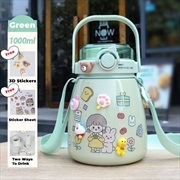 Buy 1000ml Large Water Bottle Stainless Steel Straw Water Jug with FREE Sticker Packs (Green)