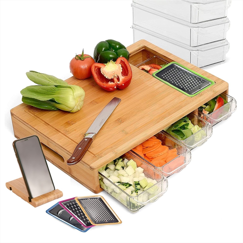 Large Bamboo Cutting Board and 4 Containers with Mobile Holder gift included for Home Kitchen/Product Detail/Kitchenware