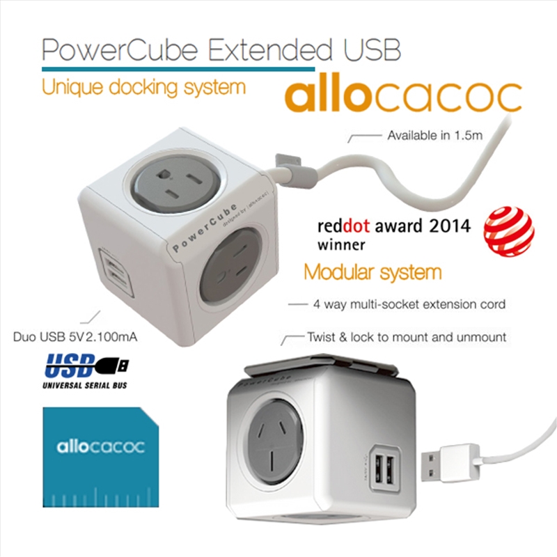 Allocacoc PowerCube Extended USB Powerboard 4-Outlets 2 USB Ports Grey-White 1.5m/Product Detail/Electronics