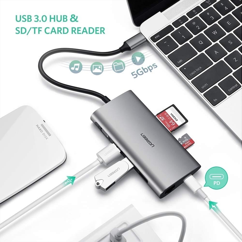 UGREEN Type C 8 in 1 Multifultion adaptor VGA/RJ45/USB3.0 x 3/SD/TF/TypeC PD Protocal (50539)/Product Detail/Electronics