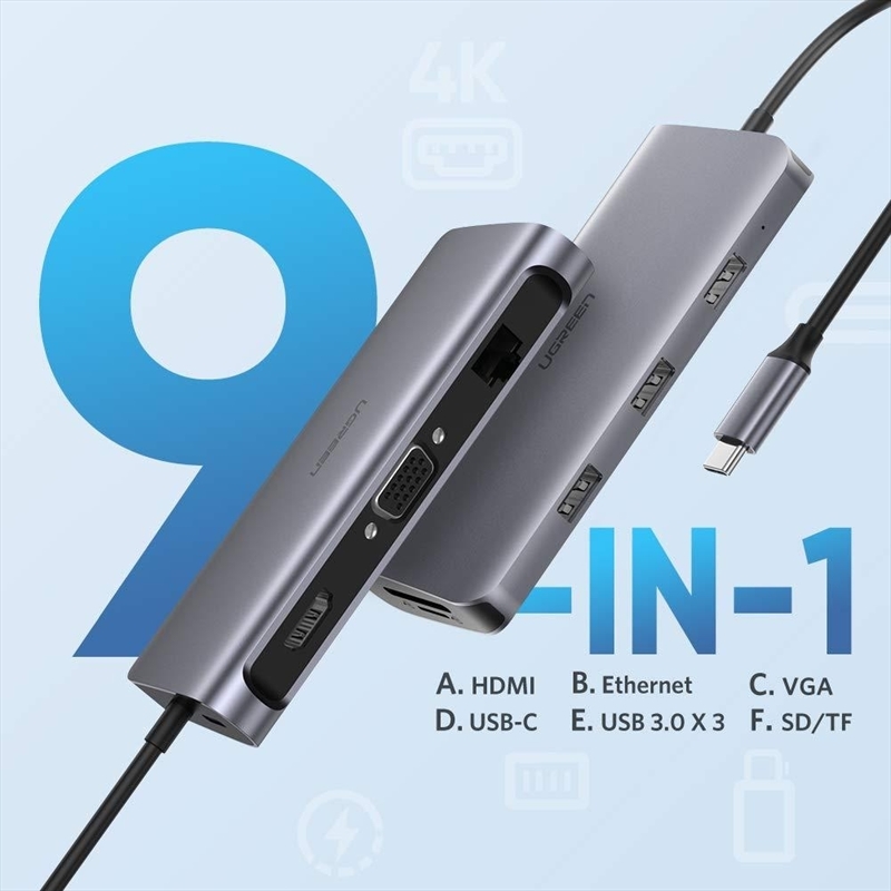 UGREEN Type C 9 in 1 Multifunction Adapter- HDMI/ VGA/Gigabit/TypeC/USB3.0 x 3/SD/TF (40873)/Product Detail/Electronics