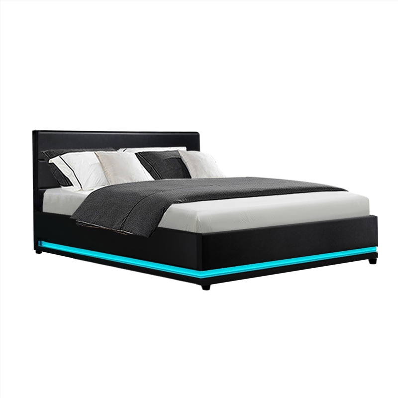 Artiss Lumi LED Bed Frame PU Leather Gas Lift Storage - Black Double/Product Detail/Homewares