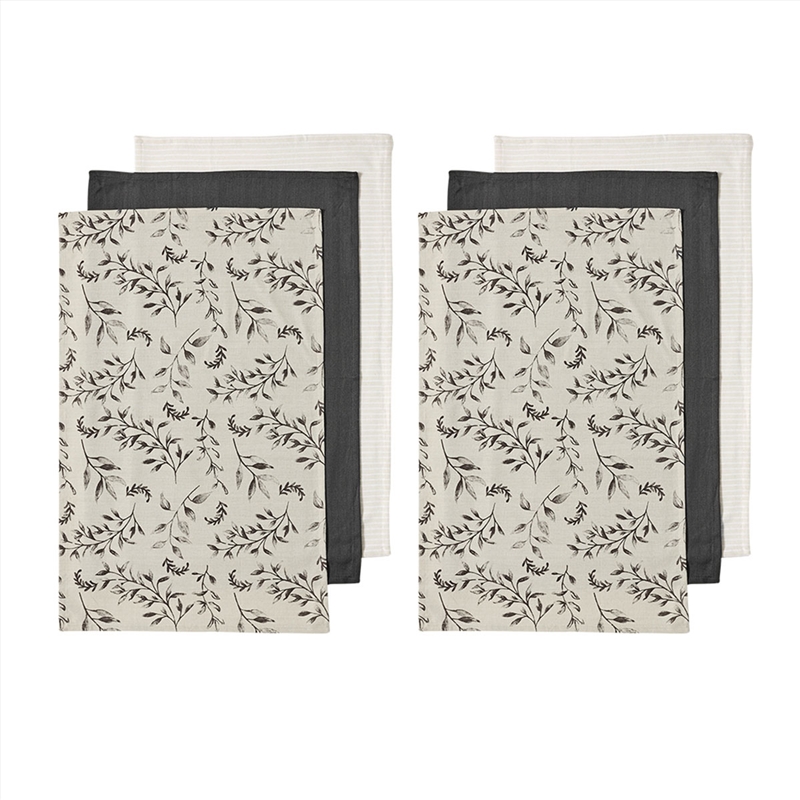 Ladelle Grown Ivy Set of 6 Cotton Kitchen Towels Charcoal/Product Detail/Homewares