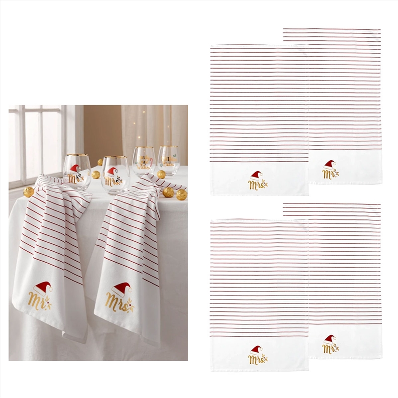 Ladelle Mr & Mrs Christmas Hat Set of 4 Cotton Kitchen Towels 45 x 70 cm/Product Detail/Homewares
