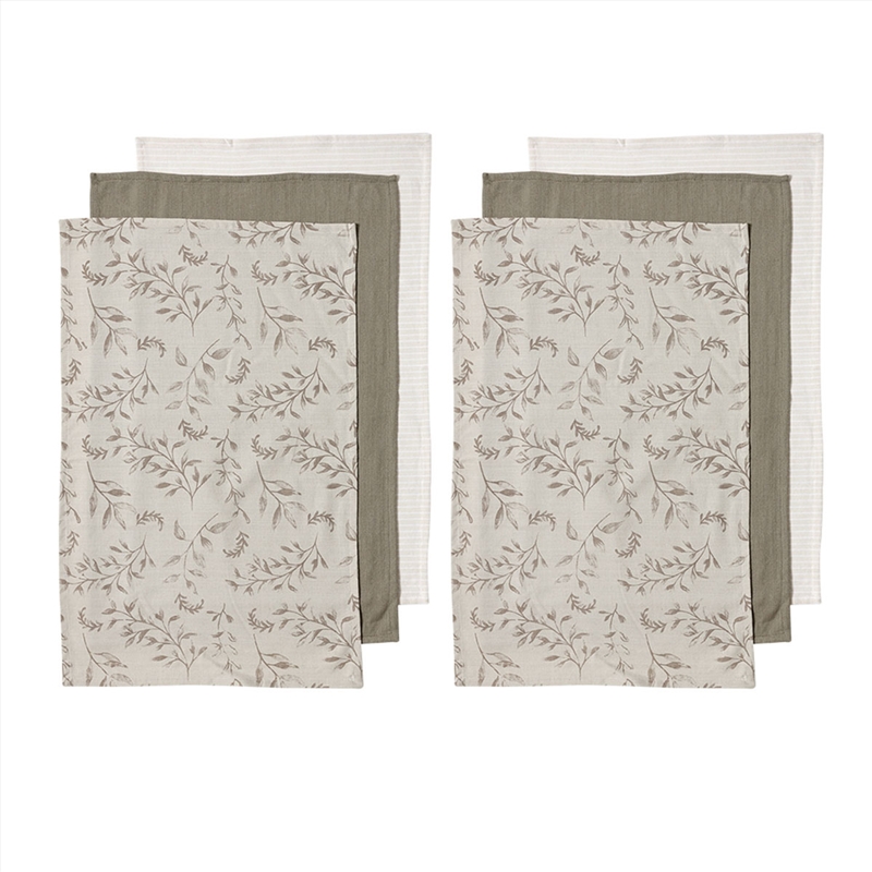 Ladelle Grown Ivy Set of 6 Cotton Kitchen Towels Taupe/Product Detail/Homewares