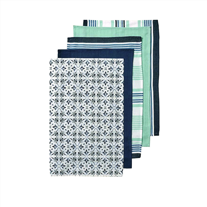 Ladelle Tile Set of 5 Cotton Kitchen Towels Navy/Product Detail/Homewares
