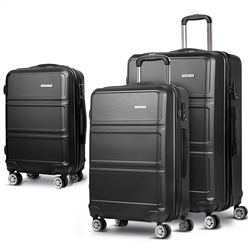 Wanderlite 3pc Luggage Trolley Set Suitcase Travel TSA Hard Case Black/Product Detail/Bags