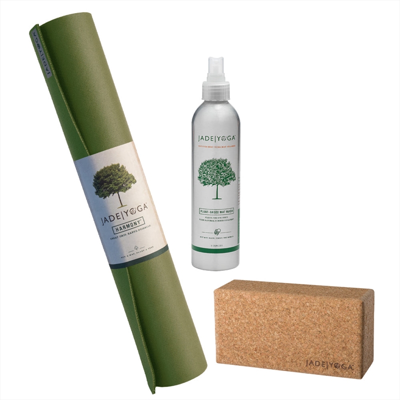 Jade Yoga Harmony Mat - Olive & Jade Yoga Cork Yoga Block - Small + Jade Yoga Plant Based Mat Wash -/Product Detail/Gym Accessories