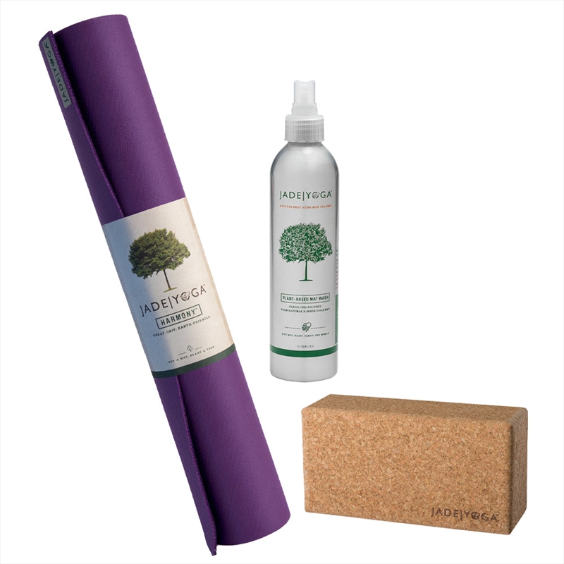 Jade Yoga Harmony Mat - Purple & Jade Yoga Cork Yoga Block - Small + Jade Yoga Plant Based Mat Wash/Product Detail/Gym Accessories