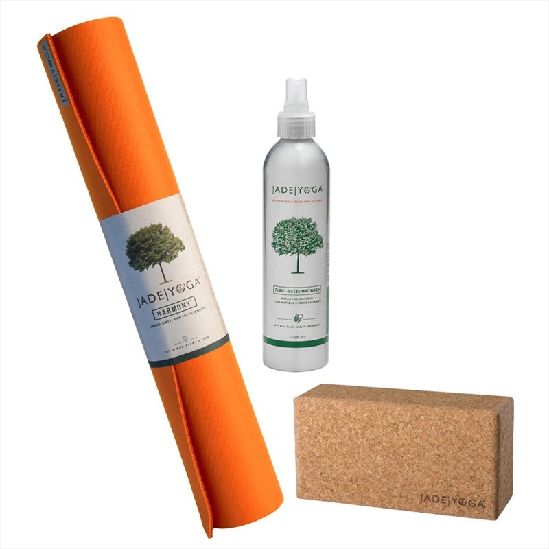 Jade Yoga Harmony Mat - Orange & Jade Yoga Cork Yoga Block - Small + Jade Yoga Plant Based Mat Wash/Product Detail/Gym Accessories