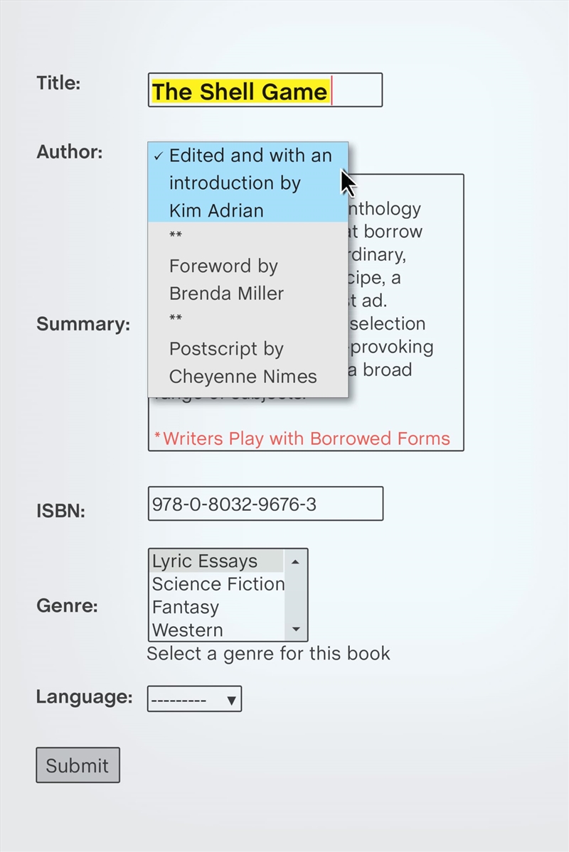 The Shell Game: Writers Play With Borrowed Forms/Product Detail/Literature & Poetry