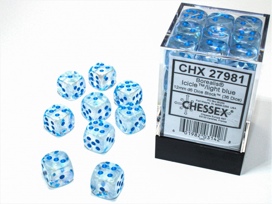Chessex 12mm D6 Dice Block Borealis Icicle/Light Blue (Luminary Effect)/Product Detail/Dice Games