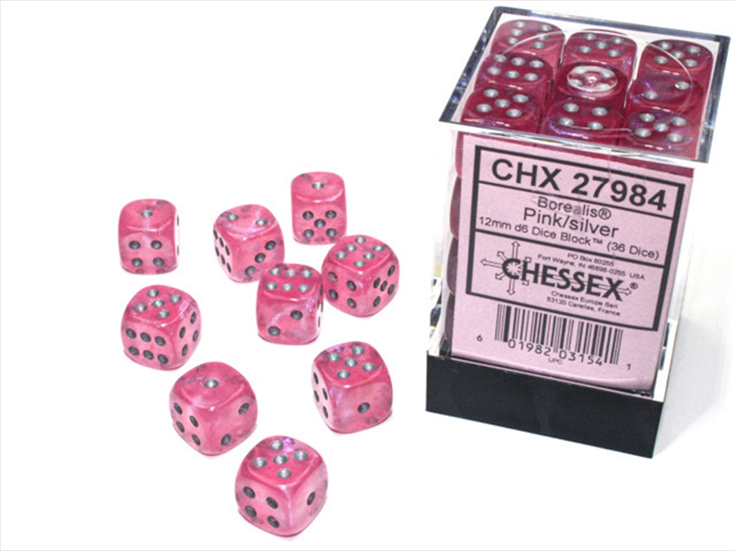 Chessex 12mm D6 Dice Block Borealis Pink/Silver (Luminary Effect)/Product Detail/Dice Games