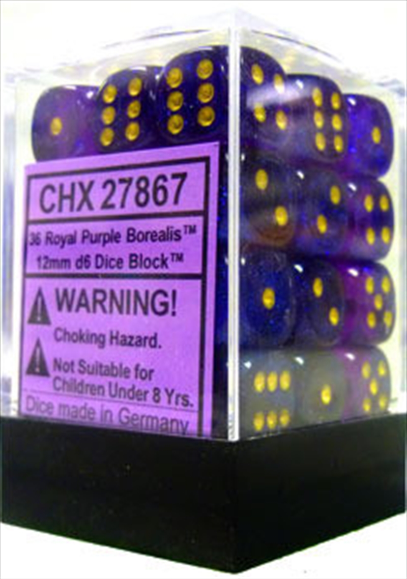 Chessex 12mm D6 Dice Block Borealis Royal Purple/Gold (Luminary Effect)/Product Detail/Dice Games