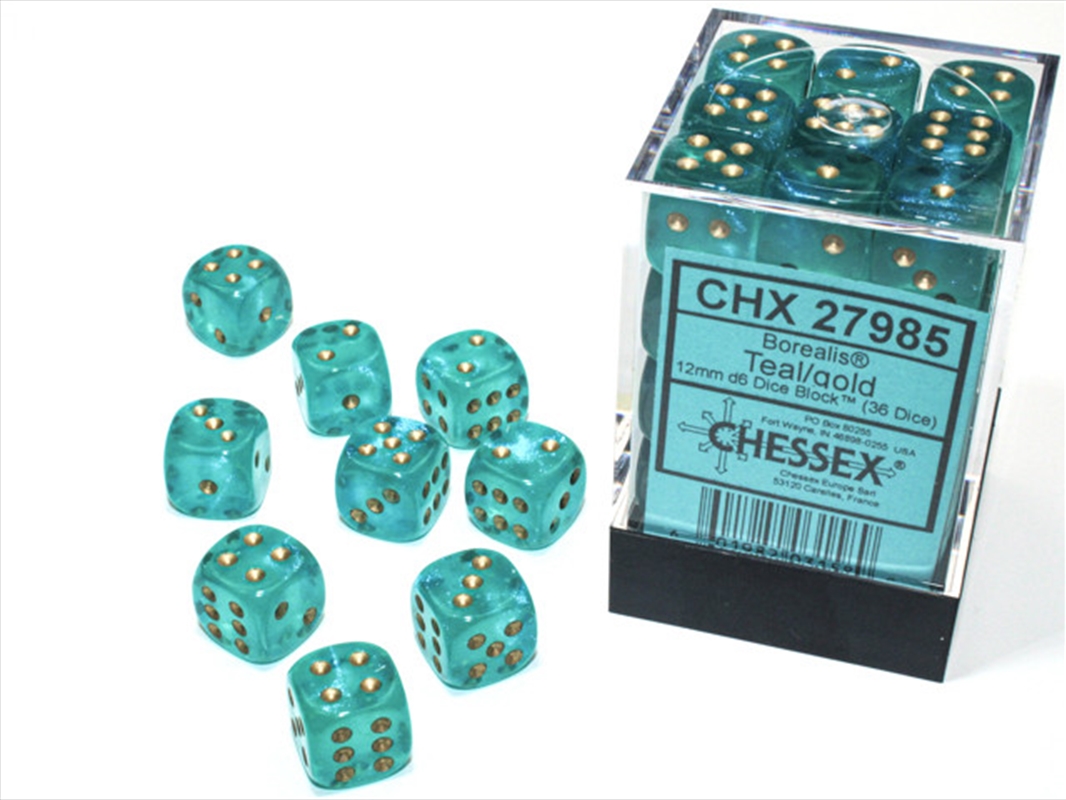 Chessex 12mm D6 Dice Block Borealis Teal/Gold (Luminary Effect)/Product Detail/Dice Games