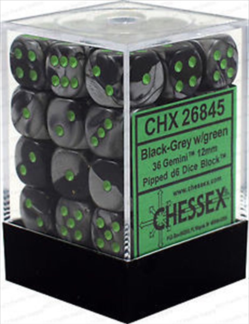 Chessex 12mm D6 Dice Block Gemini Black-Grey/Green/Product Detail/Dice Games