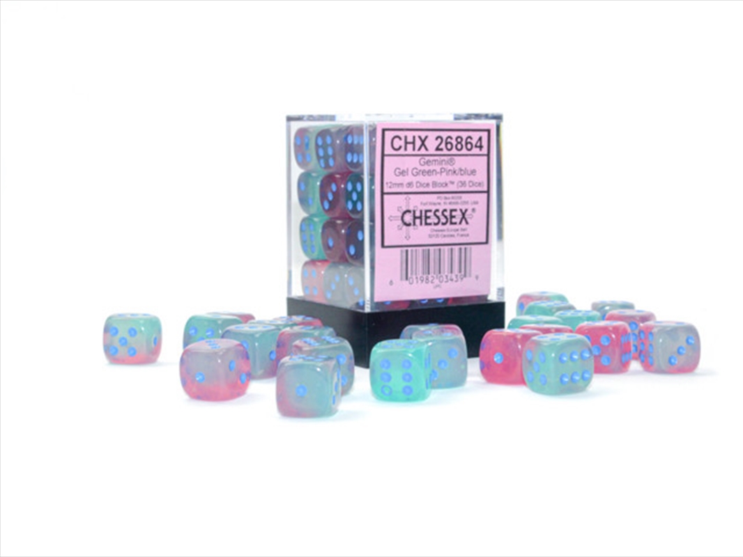 Chessex 12mm D6 Dice Block Gemini Gel Green-Pink/Blue (Luminary Effect)/Product Detail/Dice Games