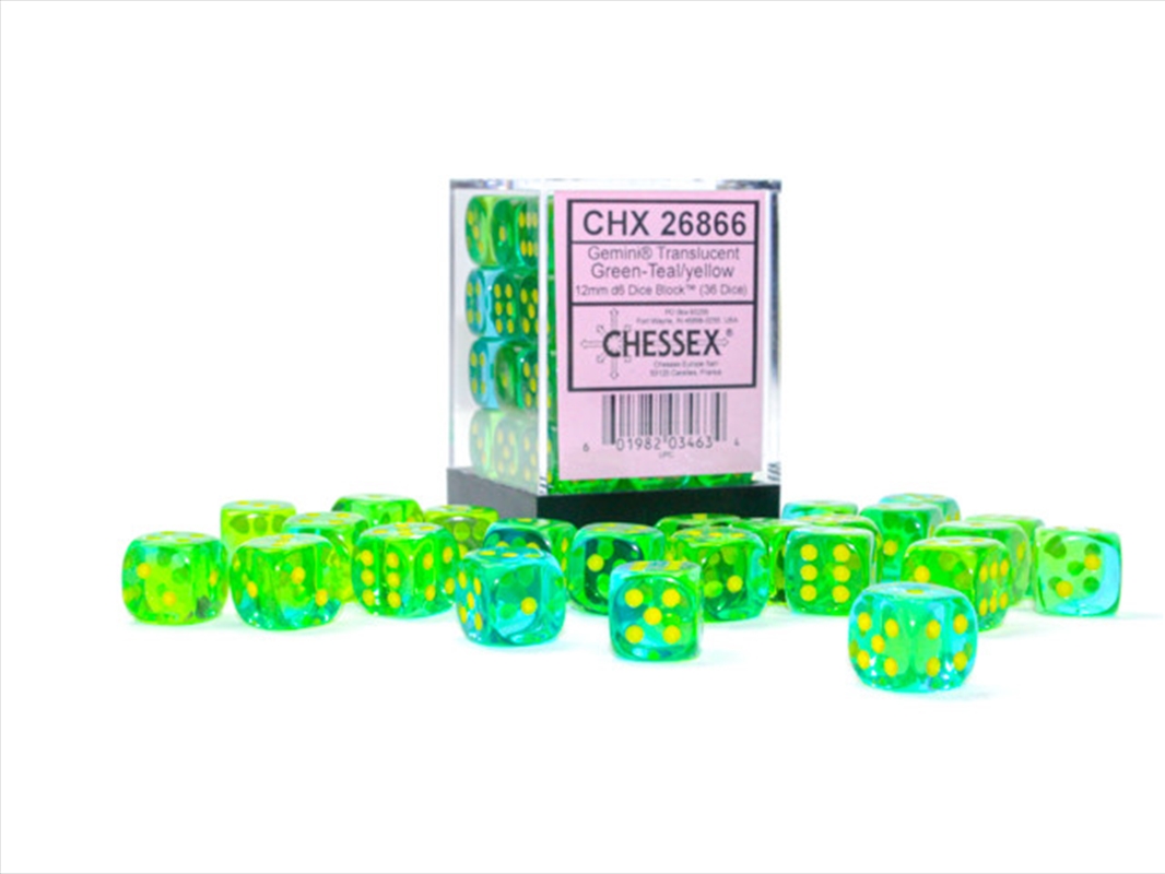 Chessex 12mm D6 Dice Block Gemini Translucent Green-Teal/Yellow/Product Detail/Dice Games