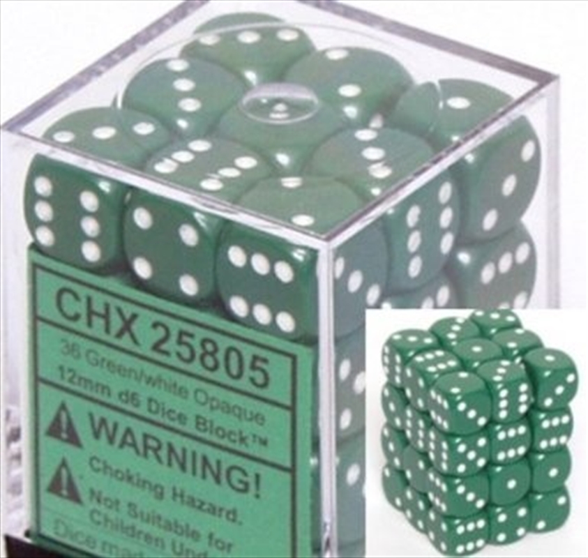 Chessex 12mm D6 Dice Block Opaque Green/White/Product Detail/Dice Games