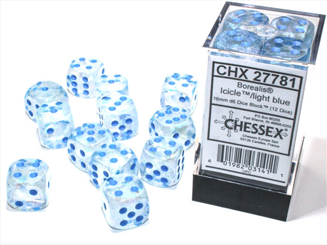 Chessex 16mm D6 Dice Block Borealis Icicle/Light Blue (Luminary Effect)/Product Detail/Dice Games