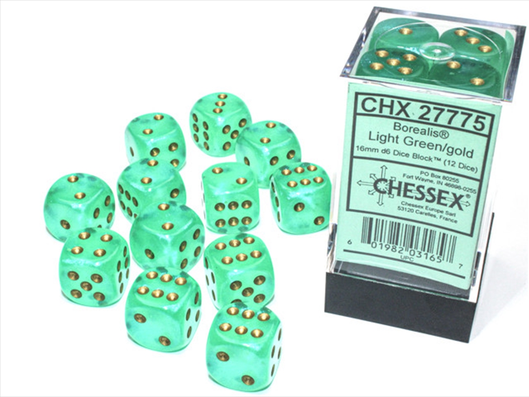 Chessex 16mm D6 Dice Block Borealis Light Green/Gold (Luminary Effect)/Product Detail/Dice Games