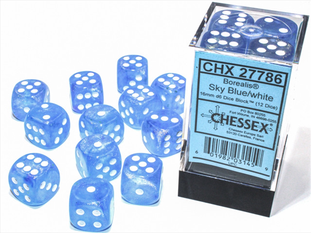 Chessex 16mm D6 Dice Block Borealis Sky Blue/White (Luminary Effect)/Product Detail/Dice Games