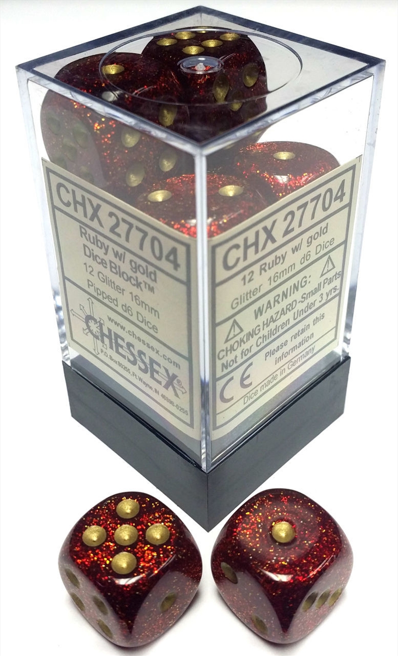 Chessex 16mm D6 Dice Block Glitter Ruby/Gold/Product Detail/Dice Games