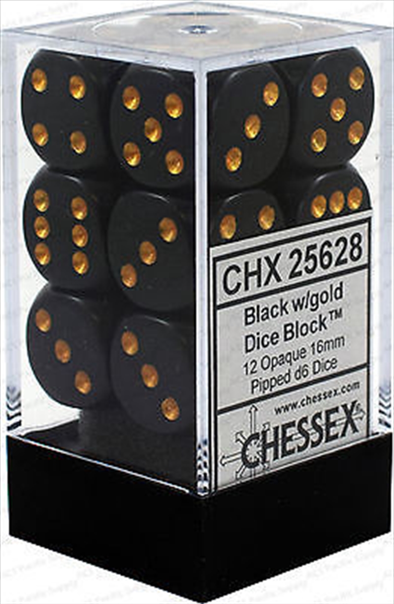Chessex 16mm D6 Dice Block Opaque Black/Gold/Product Detail/Dice Games