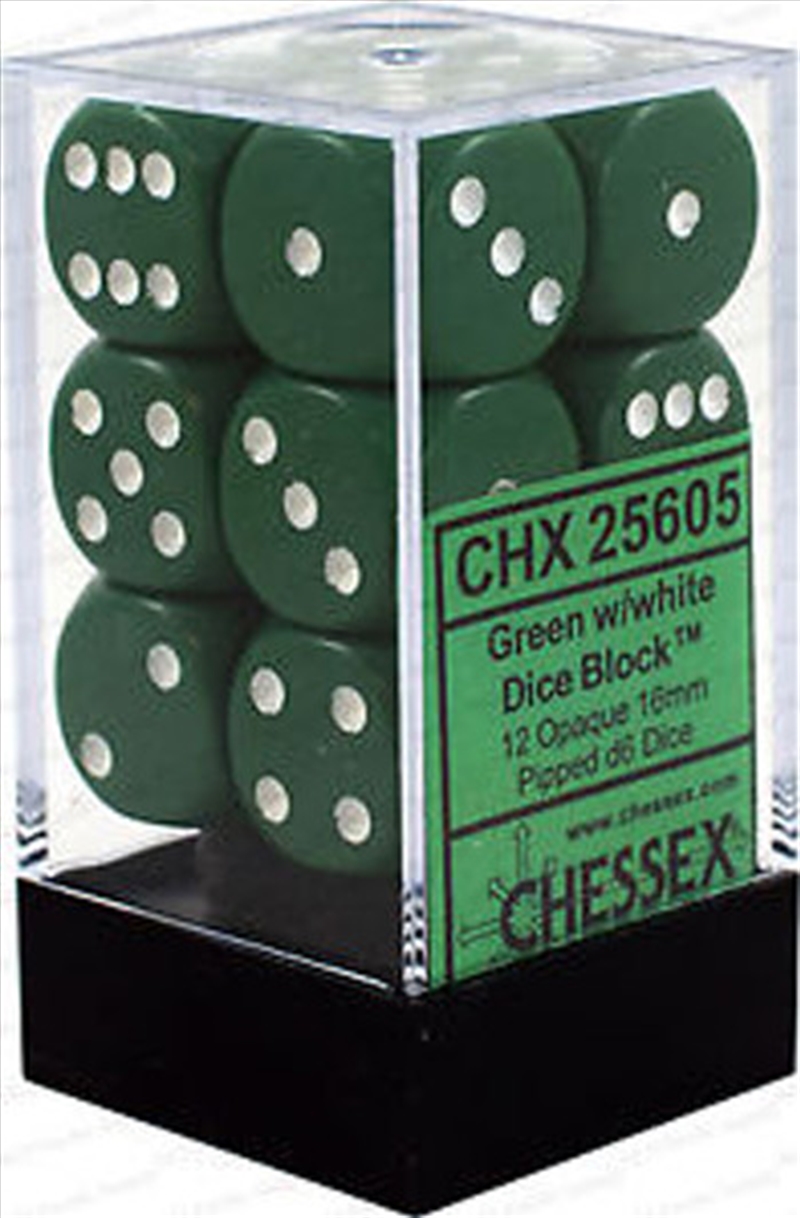 Chessex 16mm D6 Dice Block Opaque Green/White/Product Detail/Dice Games