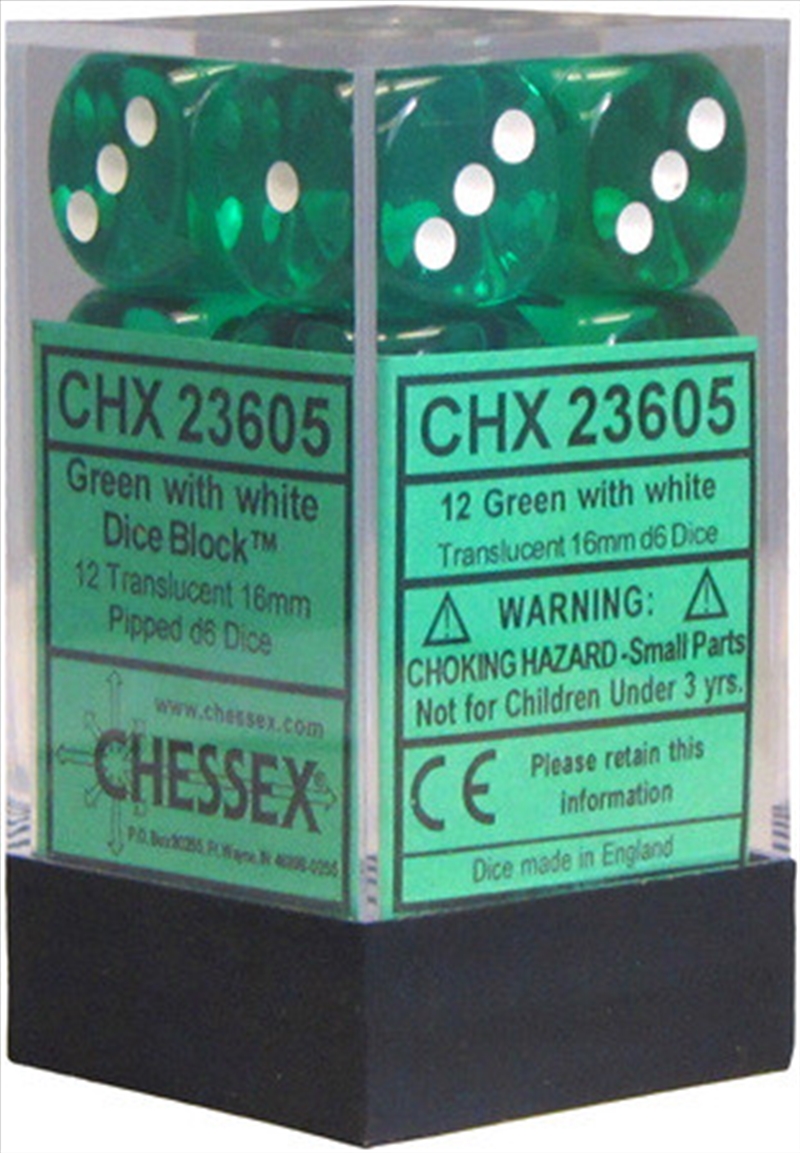 Chessex 16mm D6 Dice Block Translucent Green/White/Product Detail/Dice Games