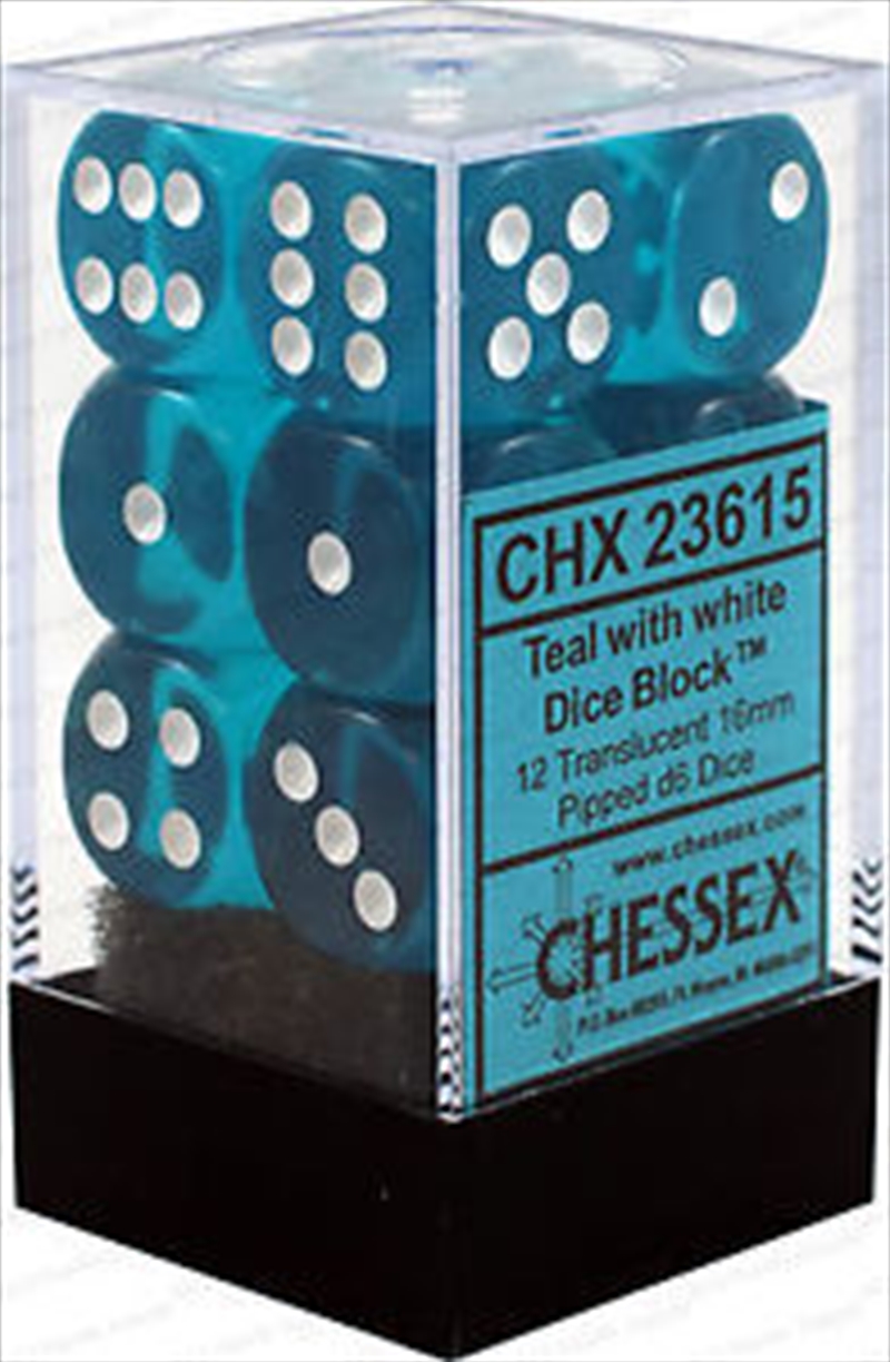 Chessex 16mm D6 Dice Block Translucent Teal/White/Product Detail/Dice Games