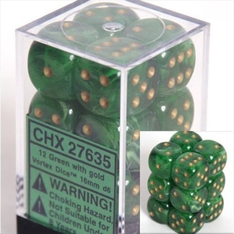 Chessex 16mm D6 Dice Block Vortex Green/Gold/Product Detail/Dice Games