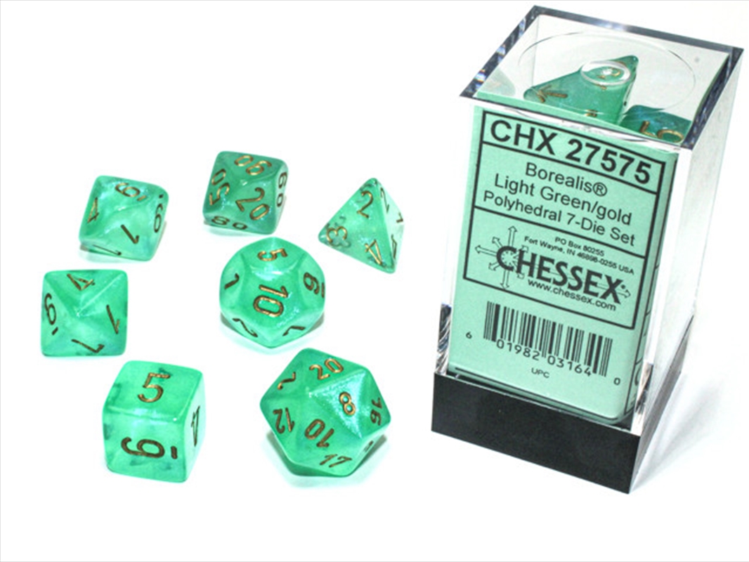 Chessex Borealis Polyhedral Light Green/gold Luminary 7-Die Set/Product Detail/Dice Games
