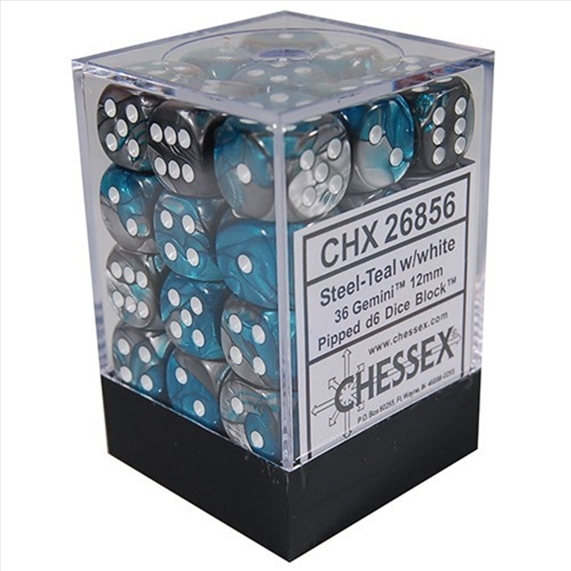 Chessex Gemini 12mm D6 Steel-Teal/white Dice Block (36 dice)/Product Detail/Dice Games