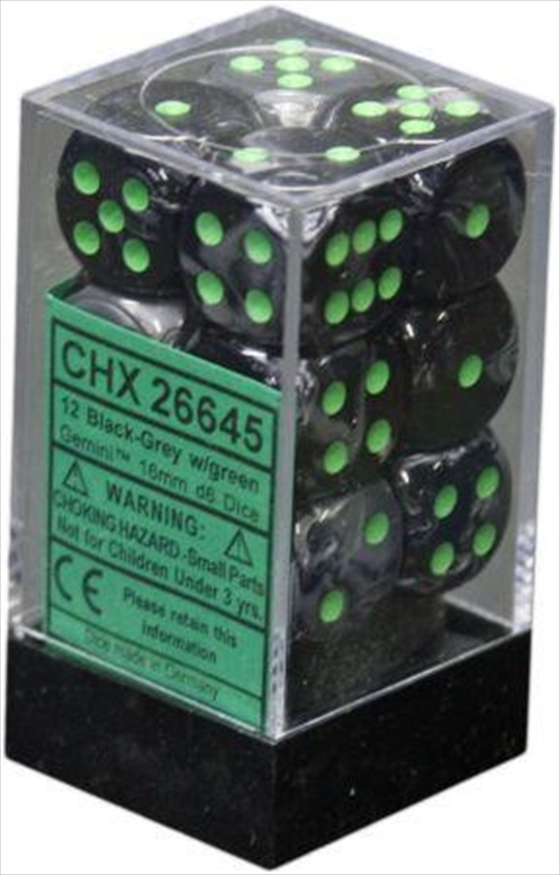 Chessex Gemini 16mm D6 Black-Grey/green Dice Block (12 dice)/Product Detail/Dice Games
