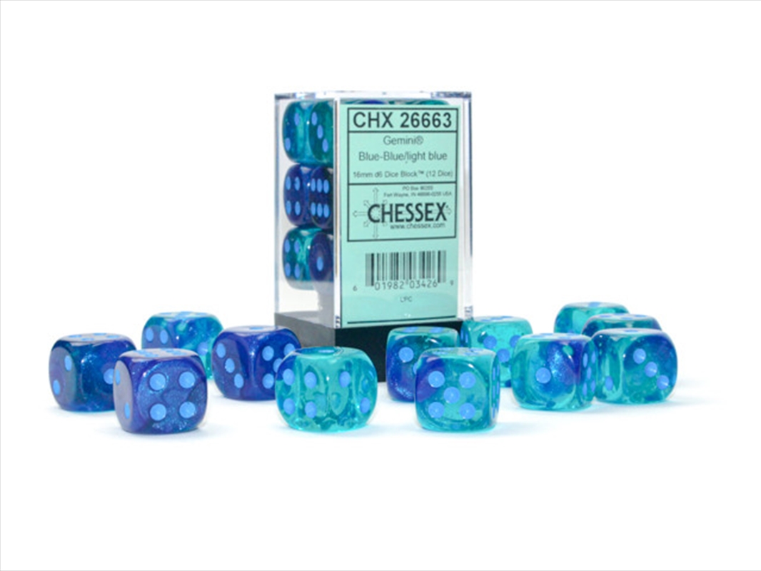 Chessex Gemini 16mm D6 Blue-Blue/light blue Luminary Dice Block (12 dice)/Product Detail/Dice Games
