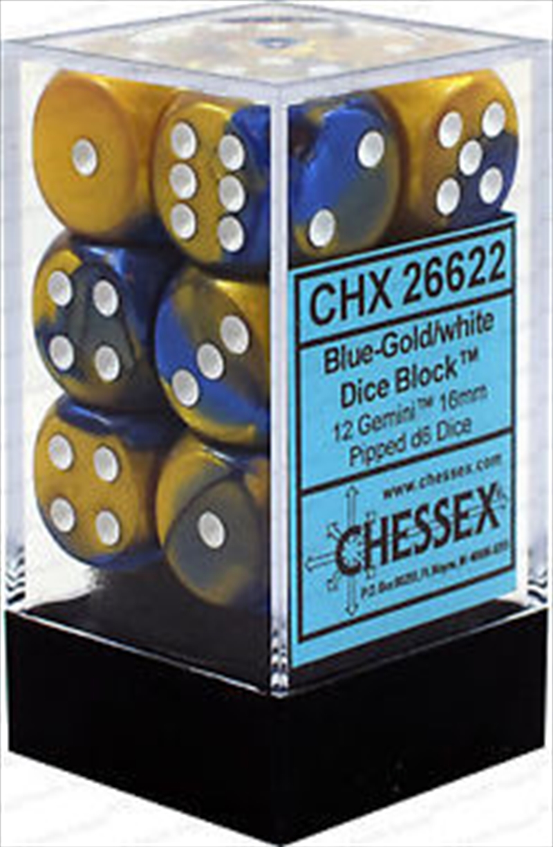 Chessex Gemini 16mm D6 Blue-Gold/white Dice Block (12 dice)/Product Detail/Dice Games