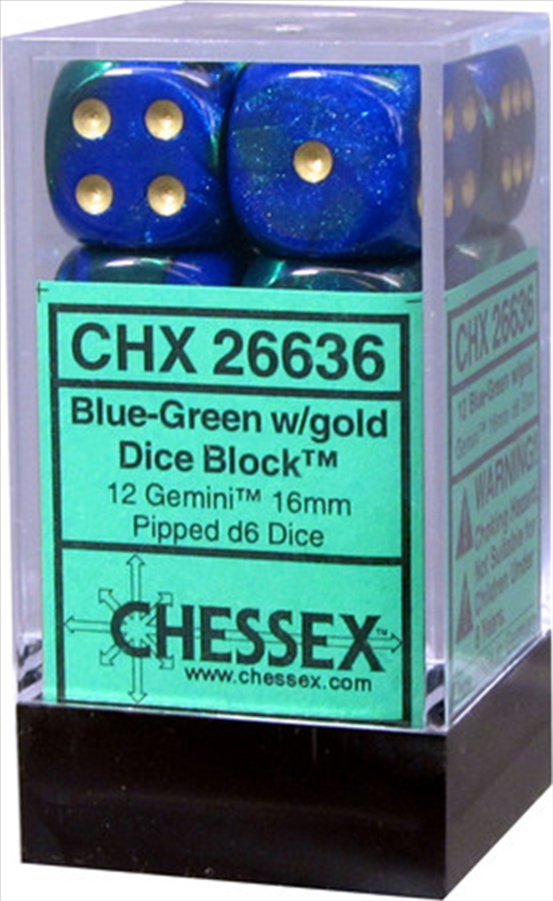 Chessex Gemini 16mm D6 Blue-Green/gold Dice Block (12 dice)/Product Detail/Dice Games