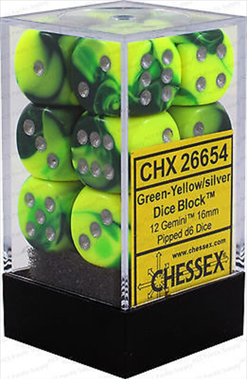 Chessex Gemini 16mm D6 Green-Yellow/silver Dice Block (12 dice)/Product Detail/Dice Games