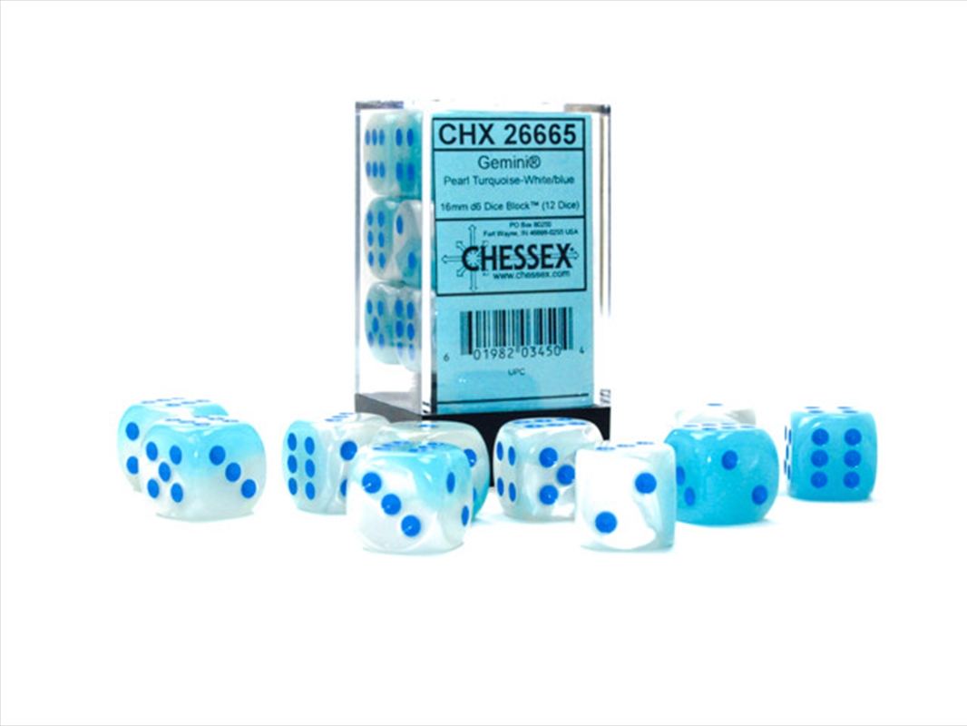 Chessex Gemini 16mm D6 Pearl Turquoise-White/blue Luminary Dice Block (12 dice)/Product Detail/Dice Games
