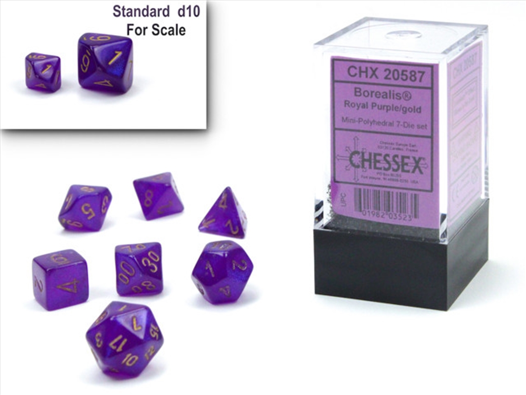 Chessex Mini-Polyhedral 7-Die Set Borealis Royal Purple/Gold (Luminary Effect)/Product Detail/Dice Games