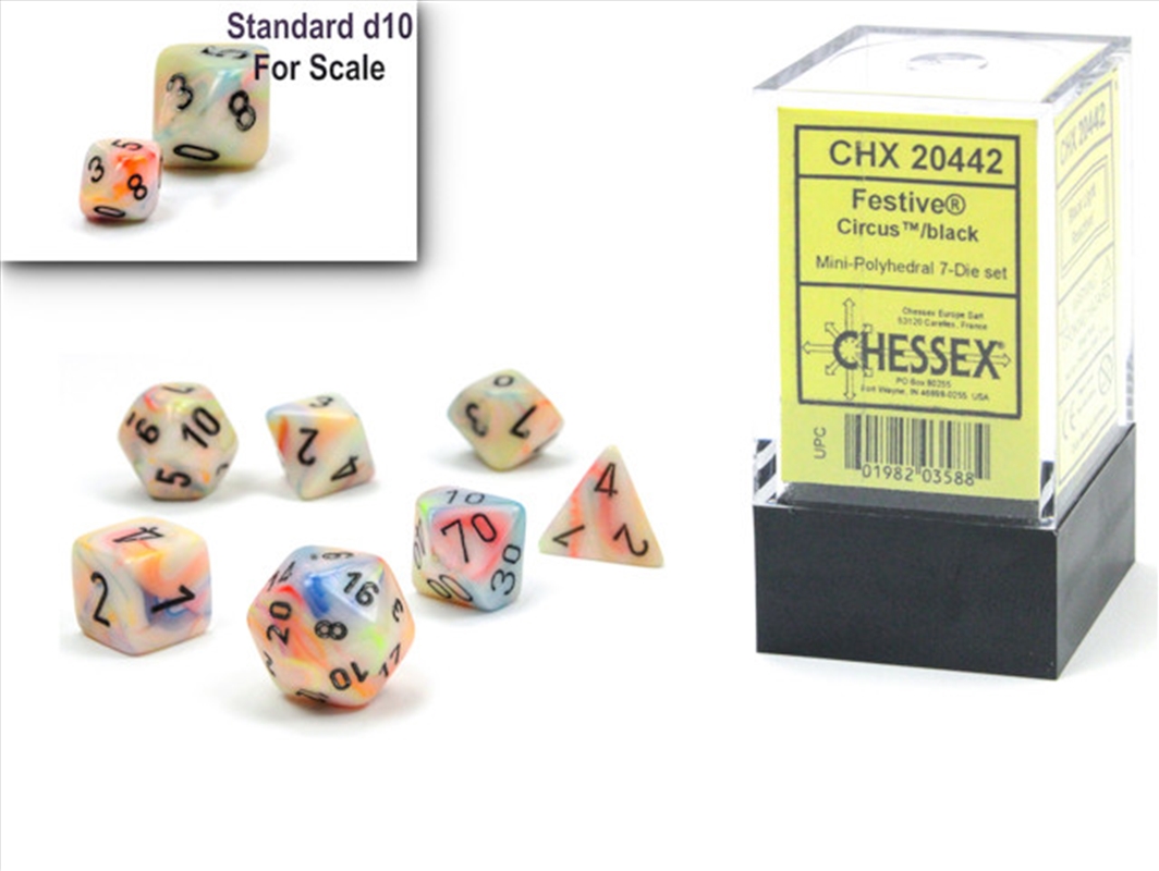 Chessex Mini-Polyhedral 7-Die Set Festive Circus/Black/Product Detail/Dice Games
