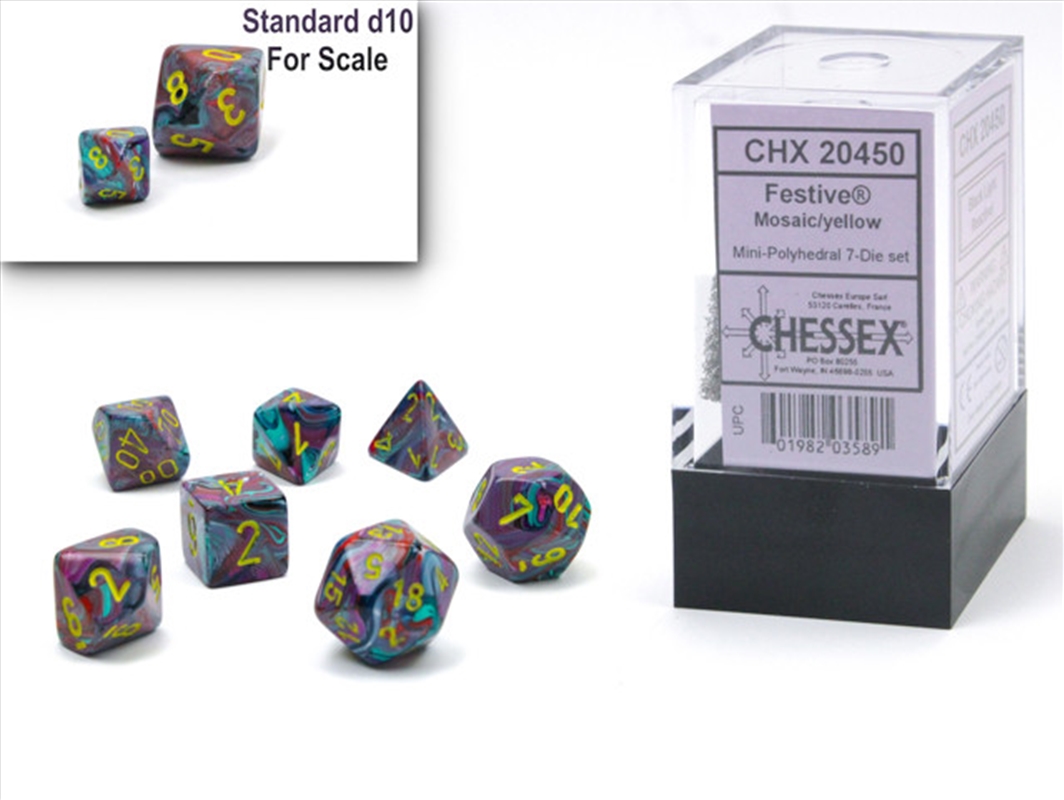 Chessex Mini-Polyhedral 7-Die Set Festive Mosaic/Yellow/Product Detail/Dice Games