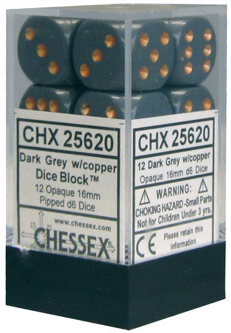 Chessex Opaque 16mm D6 Dark Grey/copper Dice Block (12 dice)/Product Detail/Dice Games