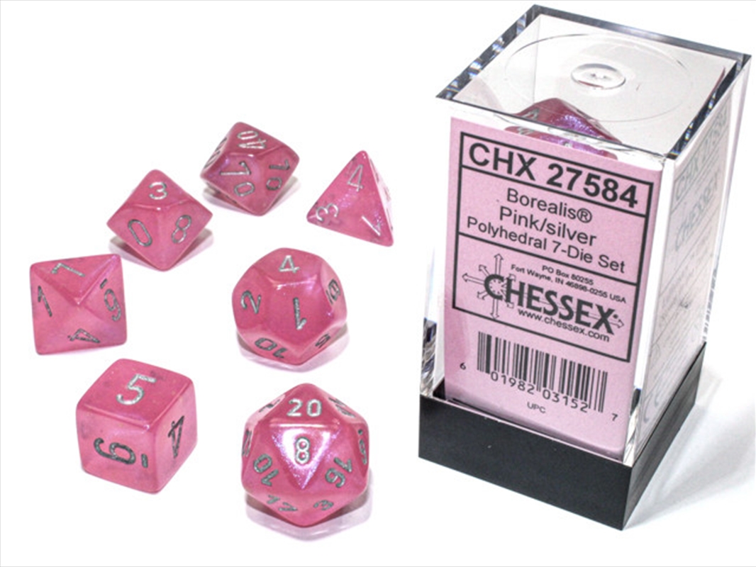 Chessex Polyhedral 7-Die Set Borealis Pink/Silver (Luminary Effect)/Product Detail/Dice Games