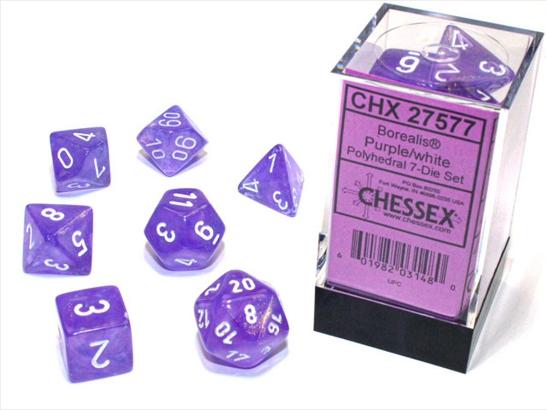 Chessex Polyhedral 7-Die Set Borealis Purple/White (Luminary Effect)/Product Detail/Dice Games
